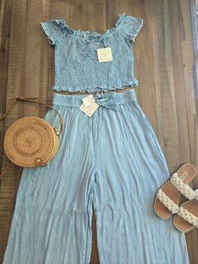 Kiwi + Punch Dusty Blue Smocked Crop Top & Wide Leg Pants Set NWT